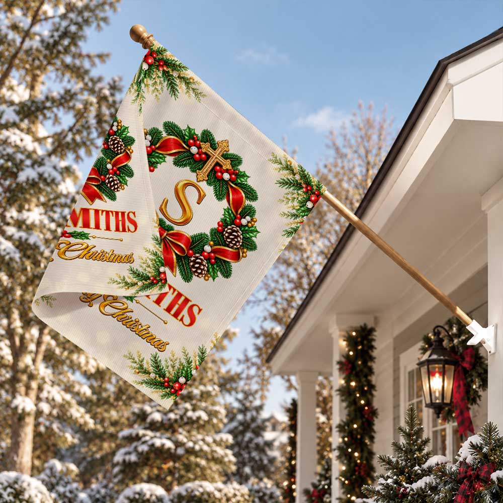 Personalized Christmas Garden Flag - Custom Family Name Monogram Wreath - Holiday Outdoor Decor, Christmas Gift