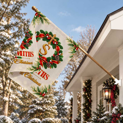 Personalized Christmas Garden Flag - Custom Family Name Monogram Wreath - Holiday Outdoor Decor, Christmas Gift