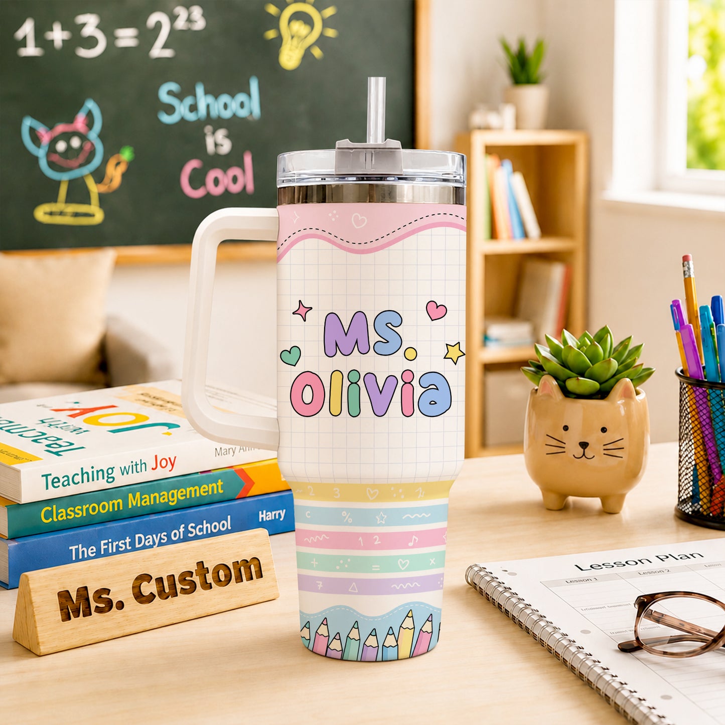 Teach Love Inspire Pastel Teacher Tumbler with Handle – Custom Teacher Name Travel Cup - Back To School Gift for Teachers