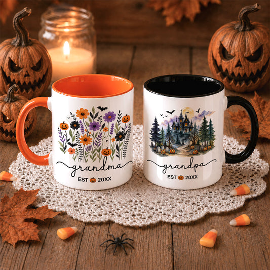 Personalized Halloween Grandparent Mug Set - Custom Grandma Grandpa Accent Mugs - New Grandparents Spooky Pregnancy Reveal Gift