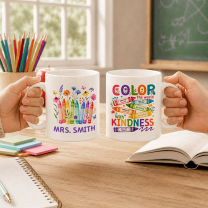 Back To School - Personalized Teacher Mug - Color The World With Kindness - Custom Name Coffee Mug, Appreciation Gift for Teachers