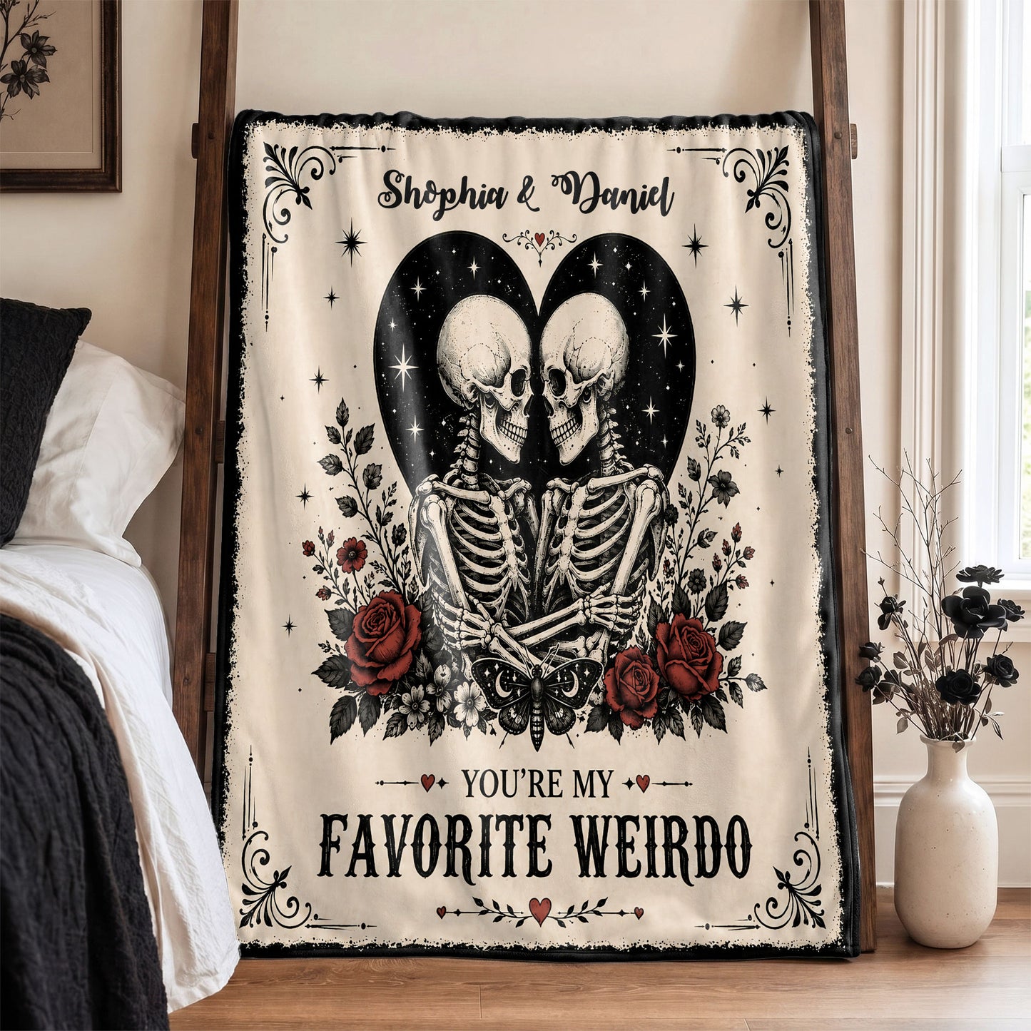 Skeleton Couple Blanket, Gothic Halloween Gift for Couples, Weird Love Design, Personalized Fleece Blanket & Sherpa Blanket