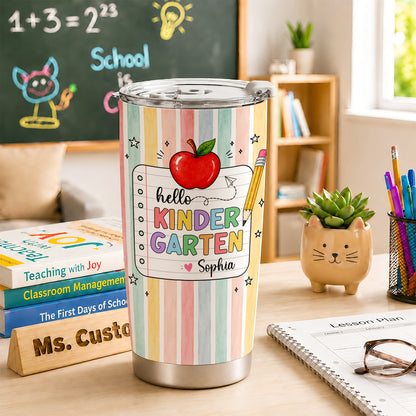 Personalized Hello Kindergarten Tumbler with Custom Grade & Name, Back to School Student Travel Cup, First Day of School Gift for Kids Students