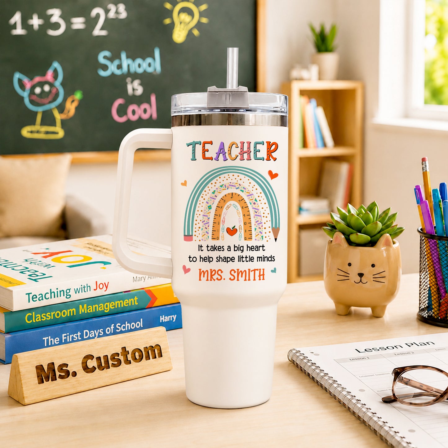 Personalized Teacher Tumbler with Handle - Custom Teacher Name Gift - Rainbow School Travel Cup with Straw - Appreciation Gift for Teachers
