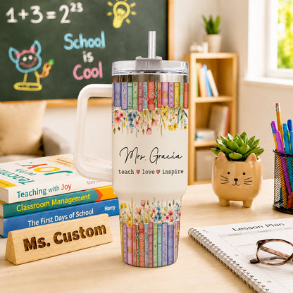 Personalized Teacher Tumbler - Vintage Floral Book Stack Tumbler - Custom Teacher Name Tumbler, Teacher Appreciation Gift