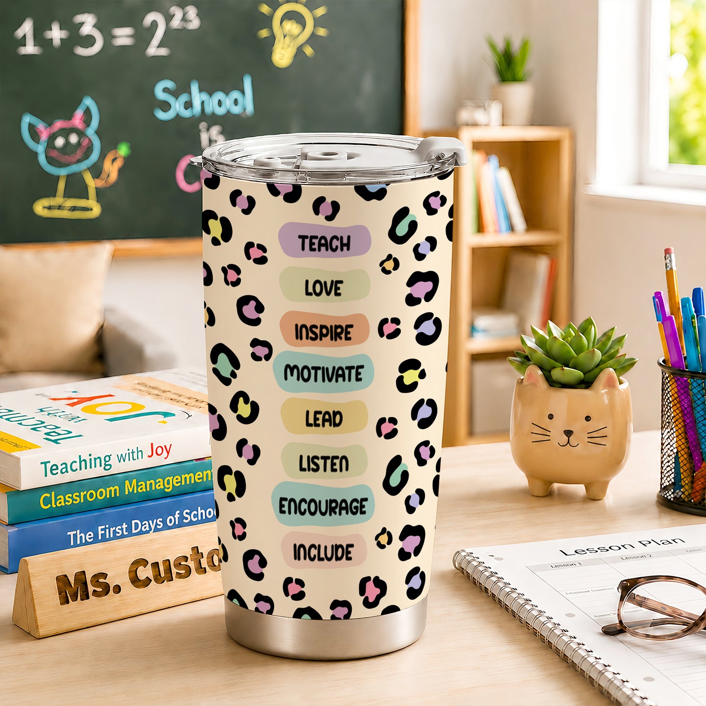 Tiny Human Tamer Teacher Tumbler with Handle - Colorful Leopard Print Teacher To Go Cup - Personalized Gift for Teachers