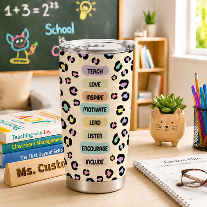 Tiny Human Tamer Teacher Tumbler with Handle - Colorful Leopard Print Teacher To Go Cup - Personalized Gift for Teachers