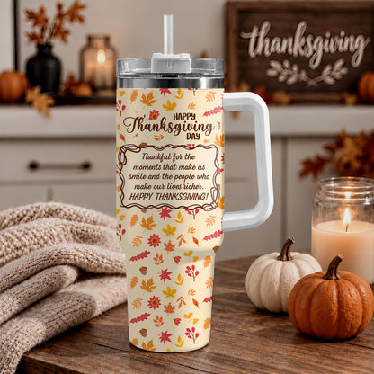Personalized Thanksgiving Tumbler with Handle - Custom Name 40oz Travel Tumbler - Gift for Friends, Coworkers