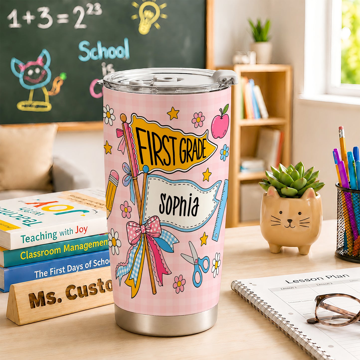 Personalized Back to School Tumbler - Custom Name & Class for Teachers and Students, Pastel Bow 20oz Travel Cup
