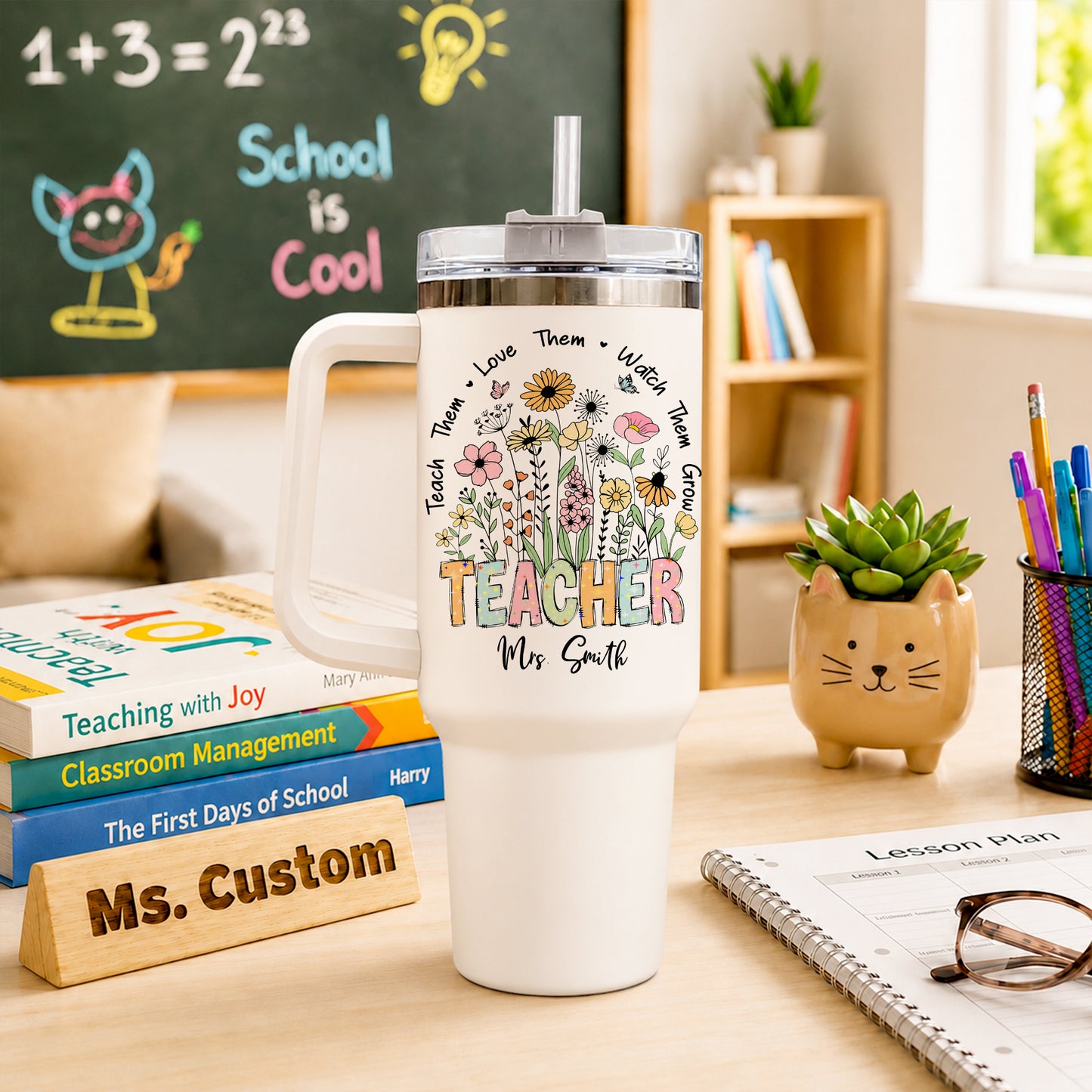 Personalized 40oz Teacher Tumbler with Handle & Straw – Custom Best Teacher Ever Gift for Back to School & Teacher Appreciation