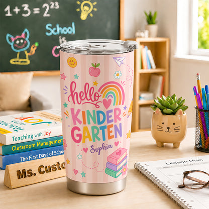 Personalized Hello Kindergarten Tumbler with Custom Grade & Name, Back to School Student Travel Cup, First Day of School Gift for Kids Students