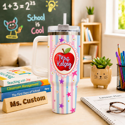 Personalized Teacher Tumbler with Handle - Custom Teacher Name & Grade Level To Go Cup - Teacher Appreciation Gift