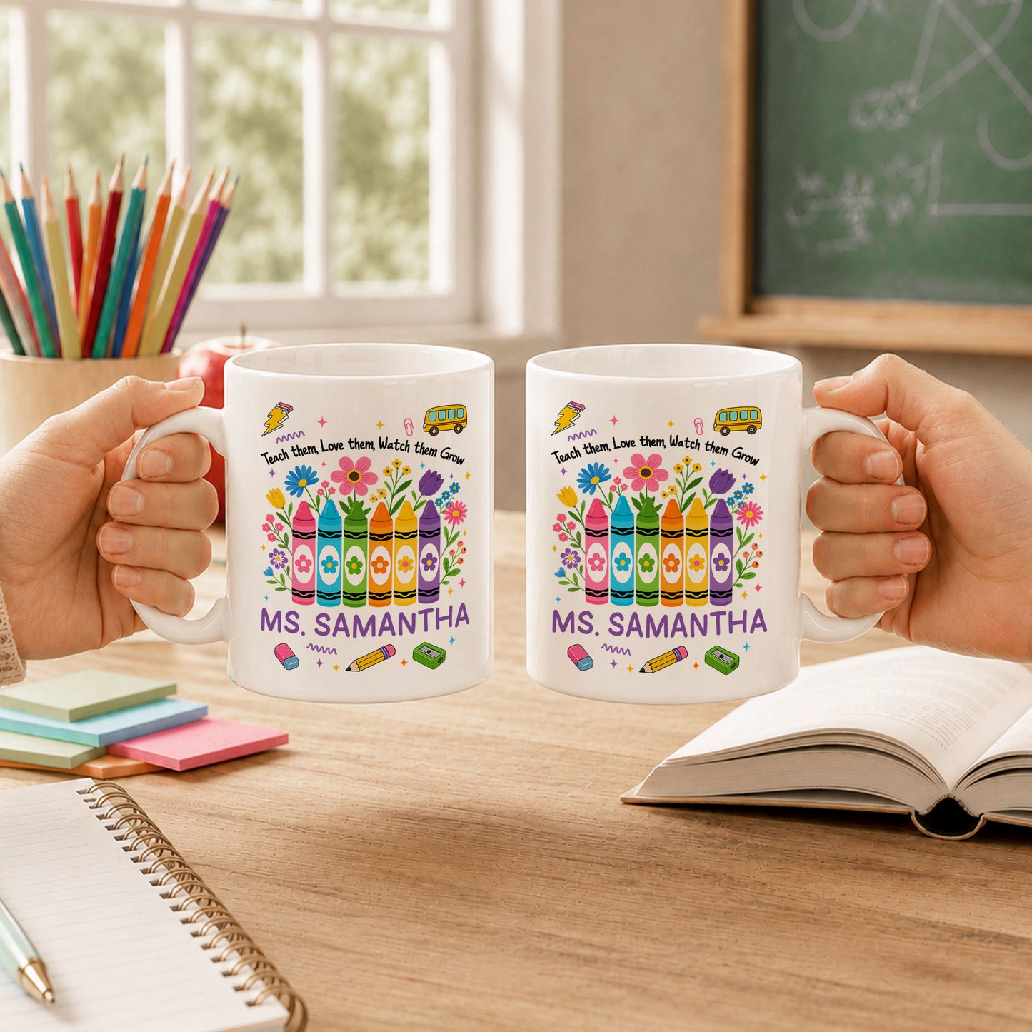 Teacher Crayon Flowers Mug - Teach Them Love Them Watch Them Grow - Personalized Teacher Mug, Appreciation Teacher Gift