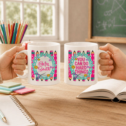 Personalized Teacher Student Coffee Mug with Custom Name, You Can Do Hard Things Mug, Striped Color School Gift, Back to School Cup