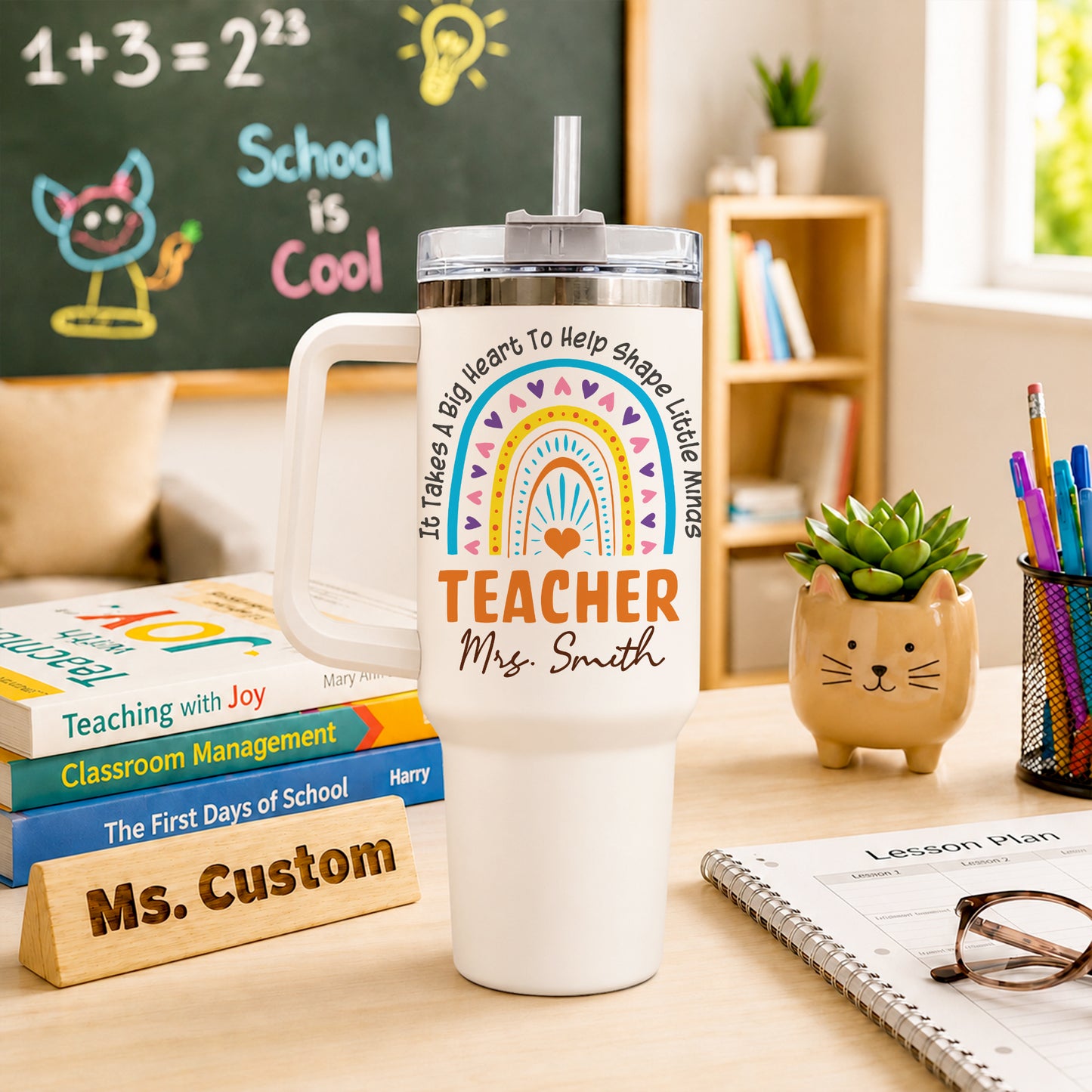 Personalized Teacher Tumbler with Handle - Custom Teacher Name Gift - Rainbow School Travel Cup with Straw - Appreciation Gift for Teachers