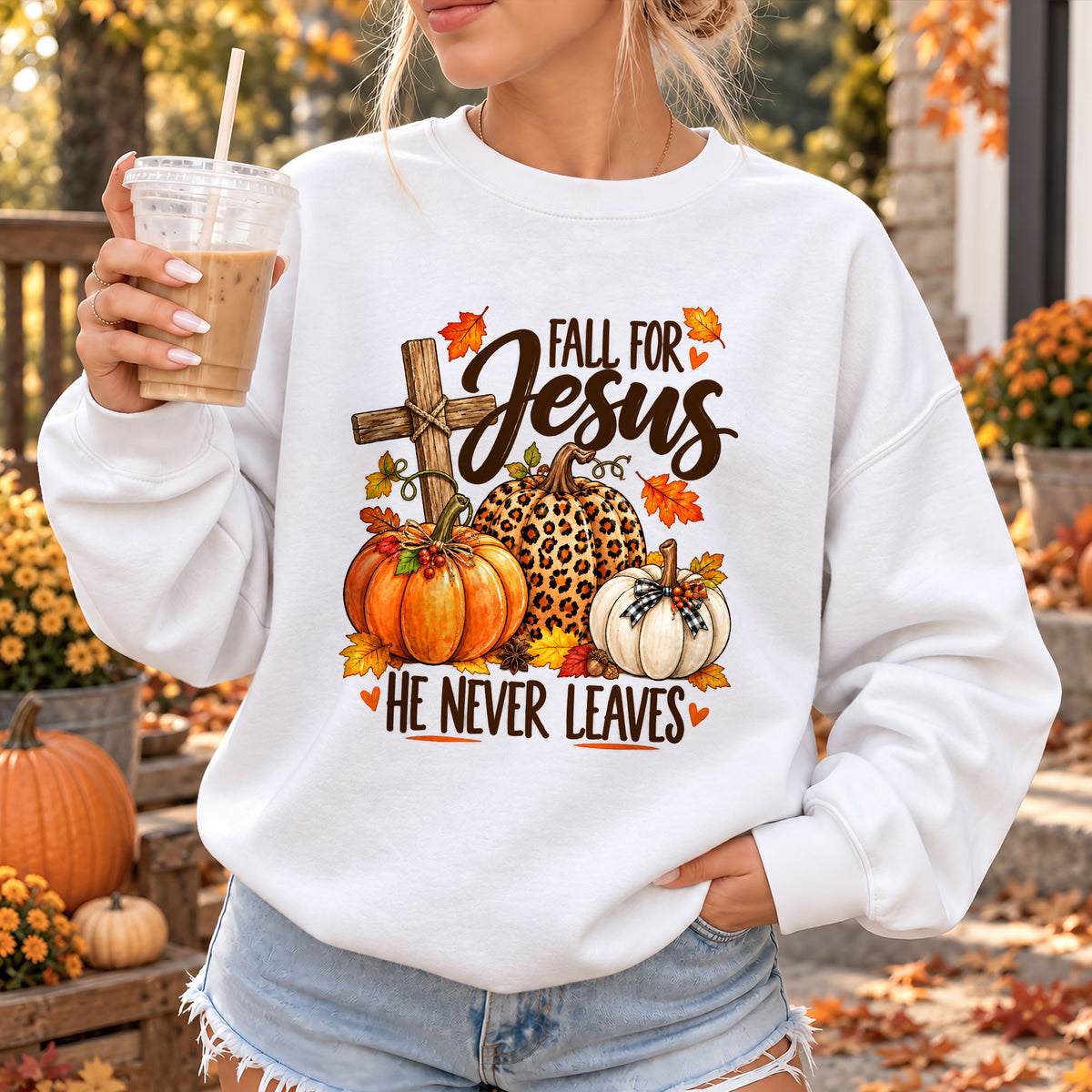 Christian Thanksgiving Shirt - Fall For Jesus He Never Leaves - Trendy Fall Gift for Friends