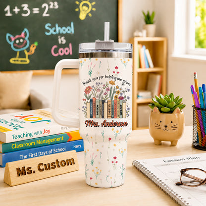Vintage Floral Book Teacher Tumbler With Handle - Thank You Teacher To Go Cup - Personalized Back To School Gift for Teacher