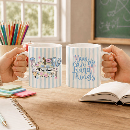 Personalized Teacher Student Coffee Mug with Custom Name, You Can Do Hard Things Mug, Striped Color School Gift, Back to School Cup