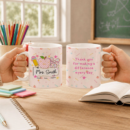 Personalized Teach Love Inspire Teacher Mug with Custom Name, Teacher Appreciation Coffee Mug, Thank You Teacher Gift, Back to School Gift