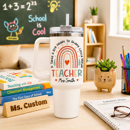 Personalized Teacher Tumbler with Handle - Custom Teacher Name Gift - Rainbow School Travel Cup with Straw - Appreciation Gift for Teachers