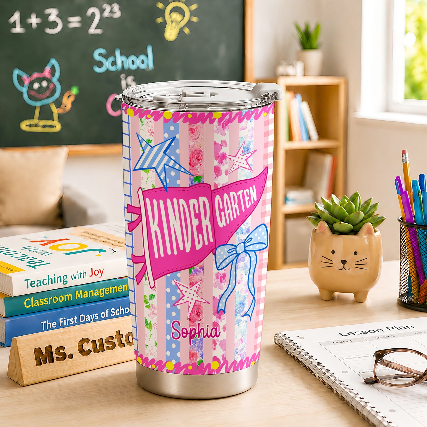 Personalized Back to School Tumbler - Custom Name & Class for Teachers and Students, Pastel Bow 20oz Travel