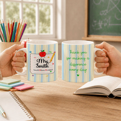 Personalized Teach Love Inspire Teacher Mug with Custom Name, Teacher Appreciation Coffee Mug, Thank You Teacher Gift, Back to School Gift