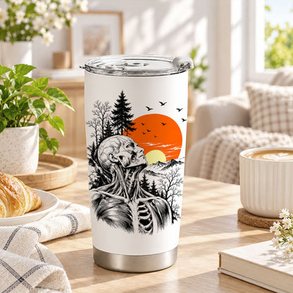 Anatomical Skeleton Sunset Tumbler 20oz, Vintage Mountain Travel Cup, Gothic Gift for Men Women