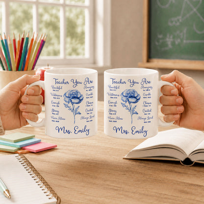 Birth Month Flower Bible Teacher Mug - Teacher You Are Amazing - Custom Teacher Name Coffee Cup - Back To School Gift for Teachers