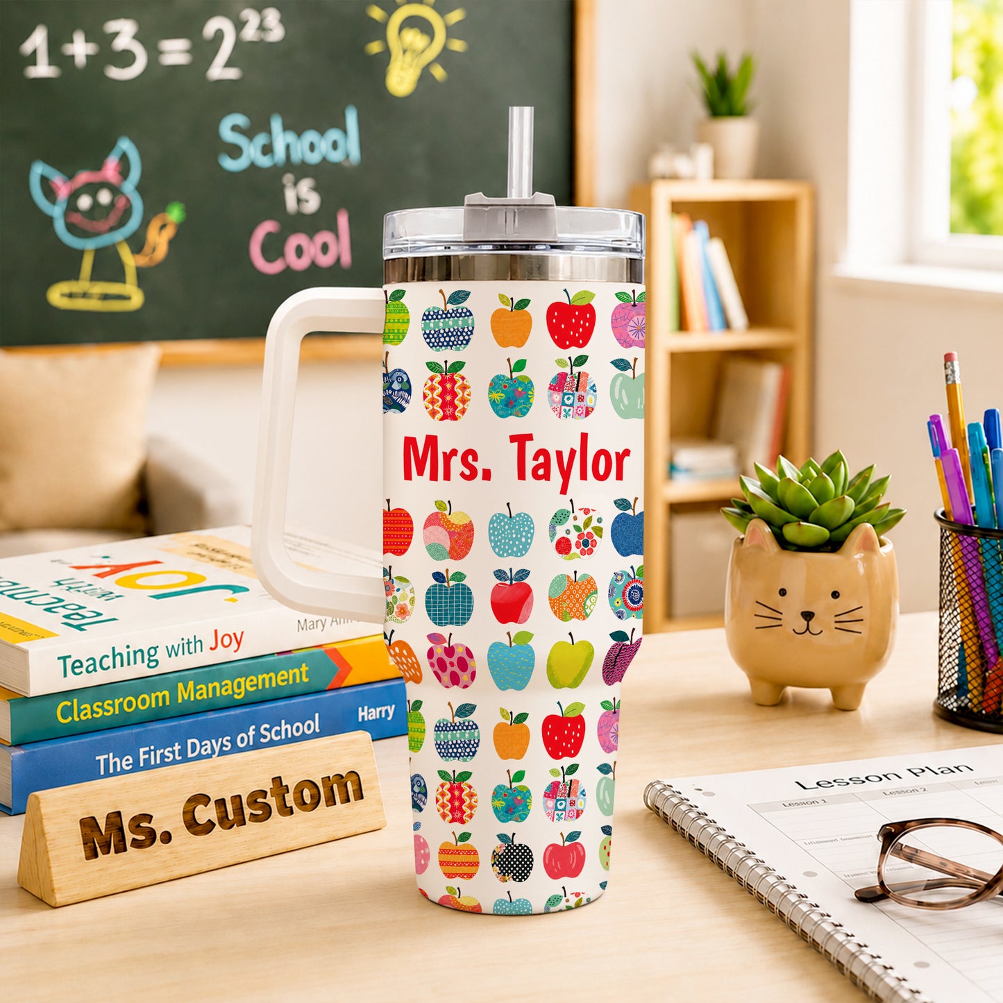 Apple Teacher Tumbler with Handle – Custom Teacher Name & Grade To Go Cup - Back To School Gift for Teachers