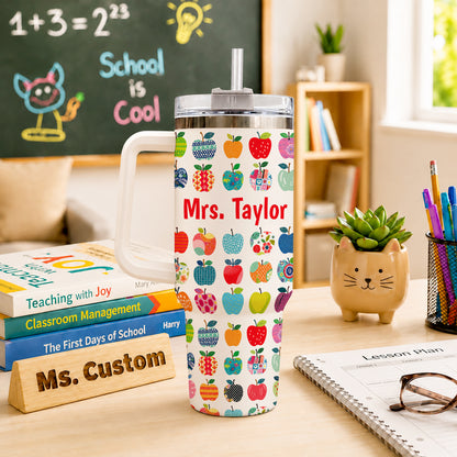 Apple Teacher Tumbler with Handle – Custom Teacher Name & Grade To Go Cup - Back To School Gift for Teachers