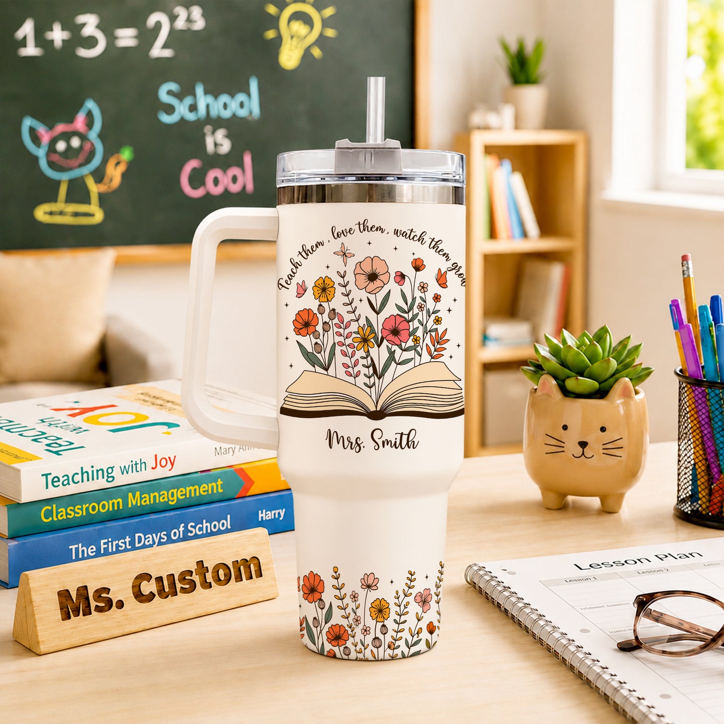 Personalized 40oz Teacher Tumbler with Handle & Straw – Custom Floral Teacher Gift for Back to School, First Day of School & Teacher Appreciation