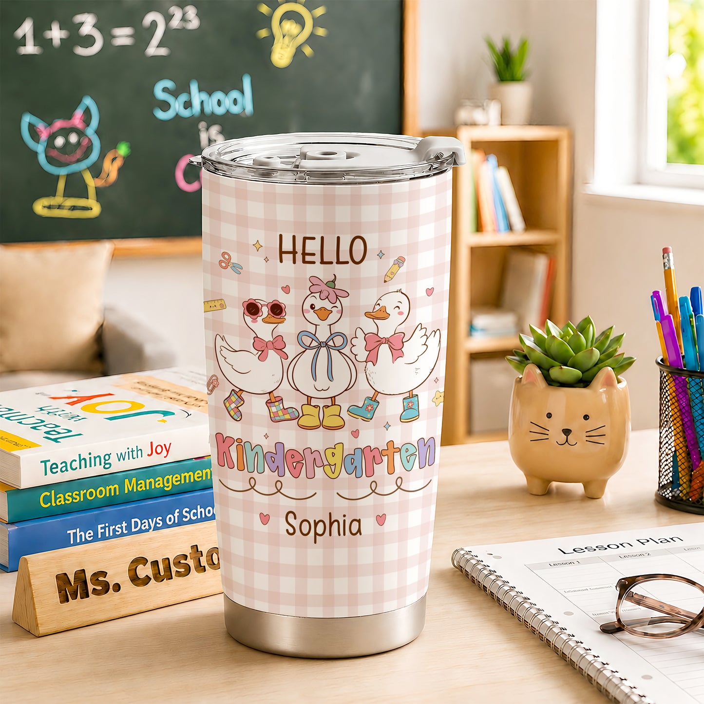 Personalized Hello Kindergarten Tumbler with Custom Grade & Name, Back to School Student Travel Cup, First Day of School Gift for Kids Students