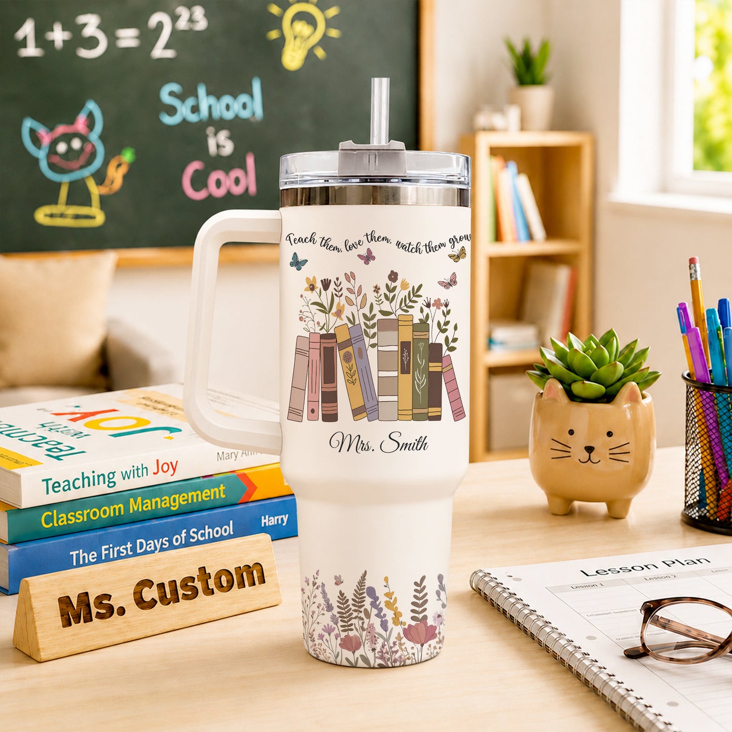 Personalized 40oz Teacher Tumbler with Handle & Straw – Custom Floral Teacher Gift for Back to School, First Day of School & Teacher Appreciation