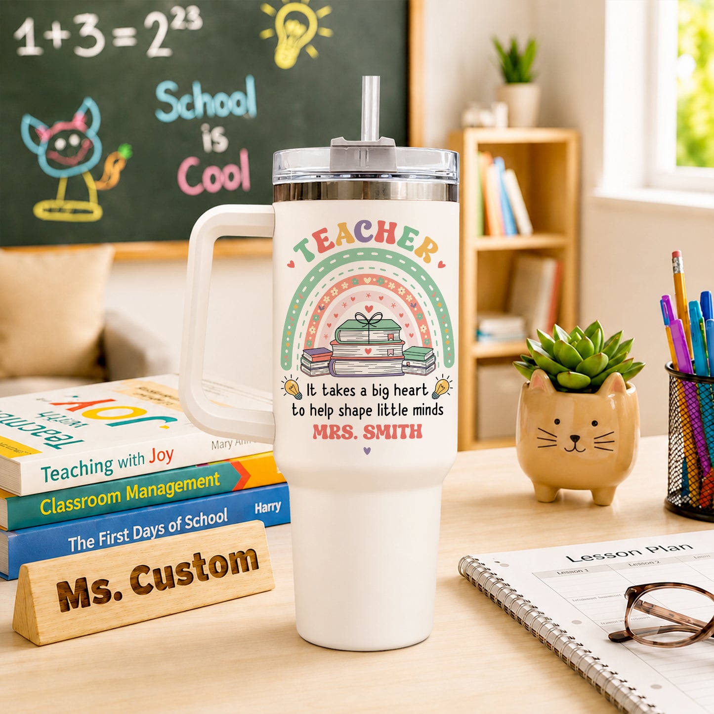 Personalized Teacher Tumbler with Handle - Custom Teacher Name Gift - Rainbow School Travel Cup with Straw - Appreciation Gift for Teachers