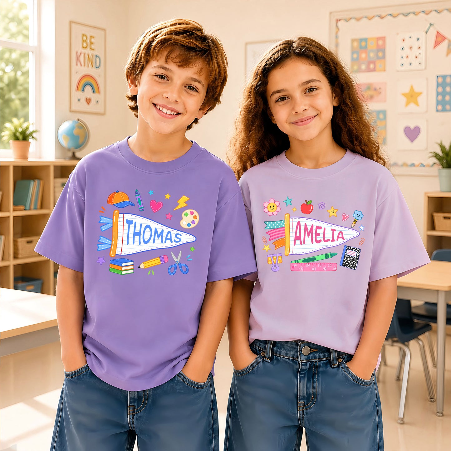 Personalized Colorful Pennant Shirt - Custom Name & Grade Kid T-shirt - Back To School Gift for Boys & Girls