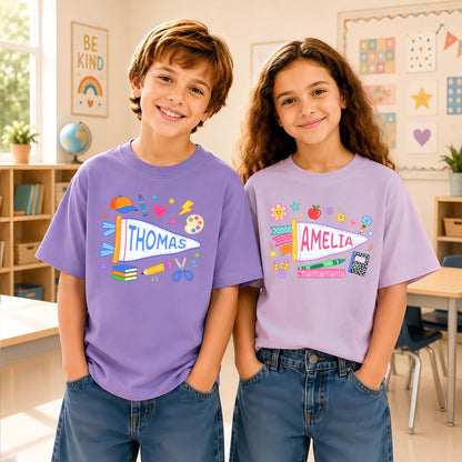 Personalized Colorful Pennant Shirt - Custom Name & Grade Kid T-shirt - Back To School Gift for Boys & Girls