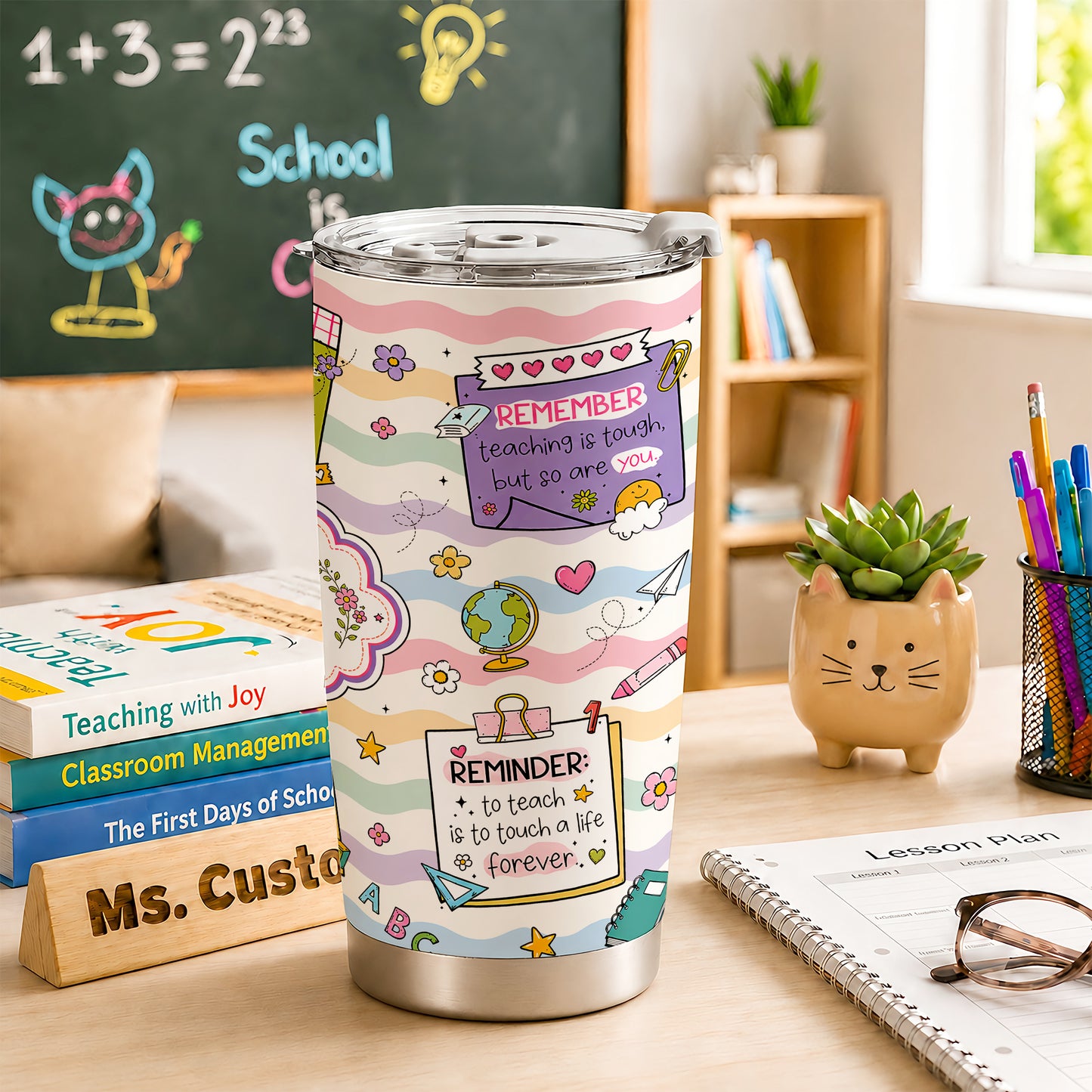 Teacher Notes Tumbler - Inspirational Sticky Notes for Teachers - Custom Teacher Name Travel Mug, Teacher Appreciation Gift