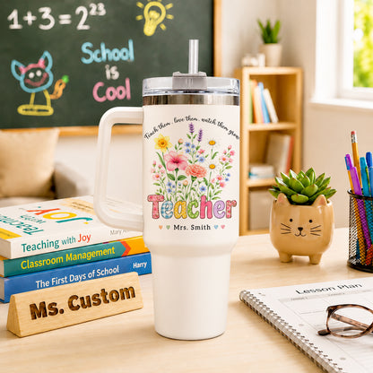 Personalized 40oz Teacher Tumbler with Handle & Straw – Custom Best Teacher Ever Gift for Back to School & Teacher Appreciation