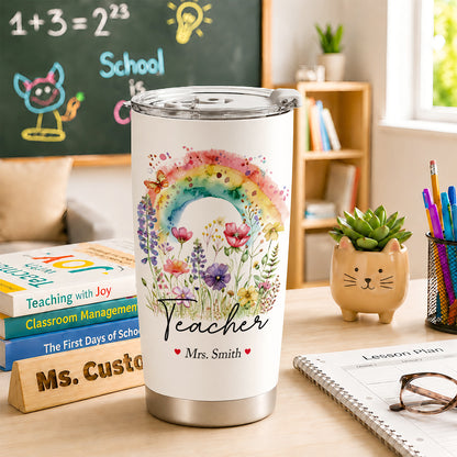 Personalized Teacher Tumbler with Custom Name, Cute Pencil Floral Travel Cup, Teacher Appreciation Gift, Back to School Teacher Gift