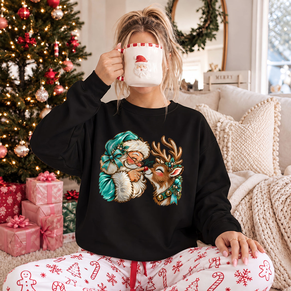 Funny Christmas Shirt  - Reindeer Santa Claus Boop T-shirt Sweatshirt - Trendy Christmas Gift for Friends, Self Gift