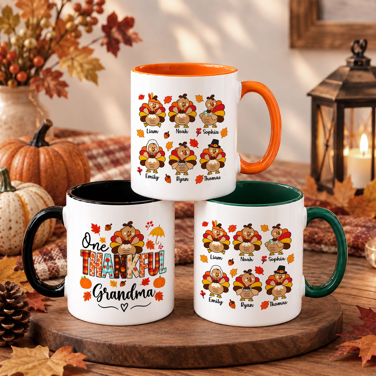 Personalized Thanksgiving Mug - One Thankful Grandma Turkey Mug - Thanksgiving Gift for Family