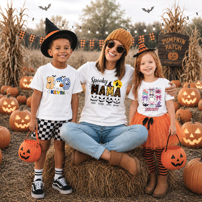 Personalized Halloween Shirt for Grandma & Mom - Custom Name Spooky Pumpkin Face Shirt - Cute Halloween Gift