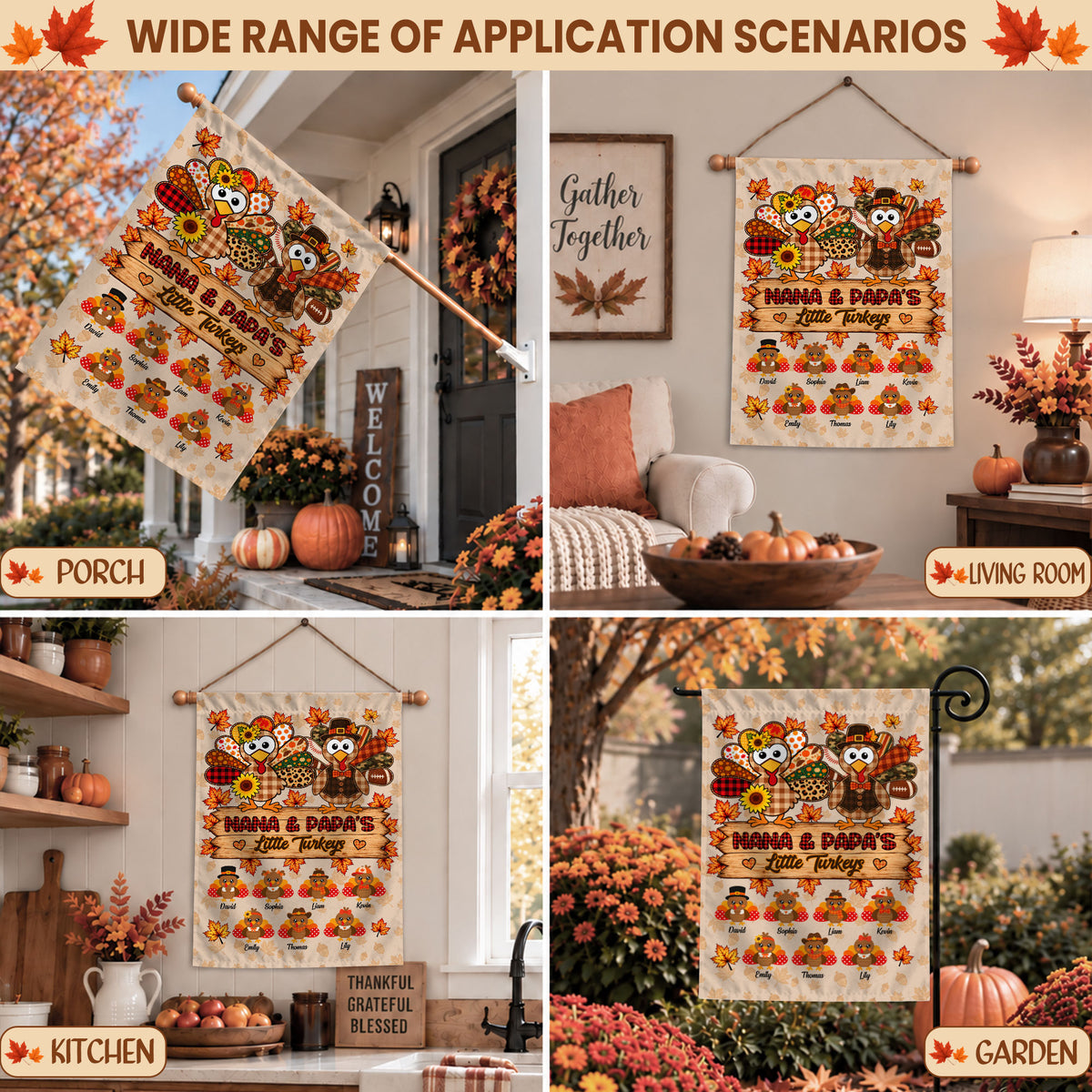 Personalized Thanksgiving Garden Flag - Nana Papa's Little Turkeys Flag - Thanksgiving Gift for Grandparents
