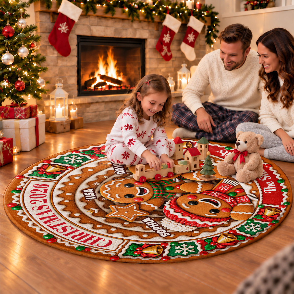 Personalized Christmas Round Rug - Custom Family Name Gingerbread 3D Effect Rug - Christmas Gift for Family