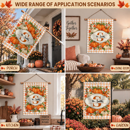 Personalized Thanksgiving Garden Flag - Custom Family Name Monogram Flag - Fall Pumpkin Yard Decor