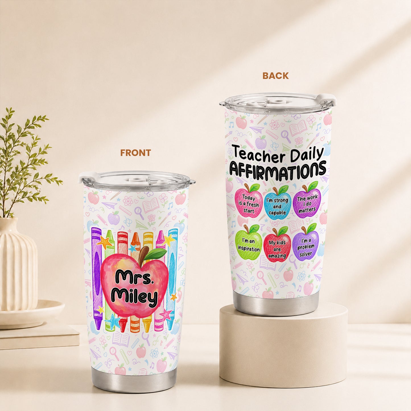 Teacher Daily Affirmations Tumbler with Handle - Personalized Teacher To Go Cup - Motivational Gift for Teachers