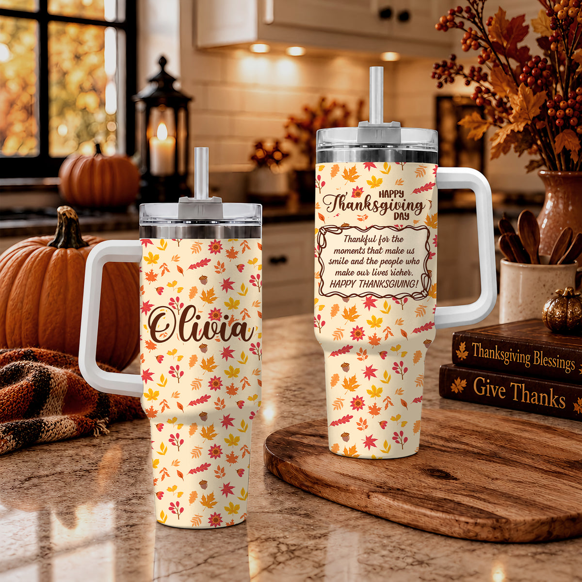 Personalized Thanksgiving Tumbler with Handle - Custom Name 40oz Travel Tumbler - Gift for Friends, Coworkers