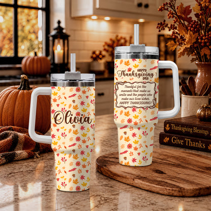 Personalized Thanksgiving Tumbler with Handle - Custom Name 40oz Travel Tumbler - Gift for Friends, Coworkers