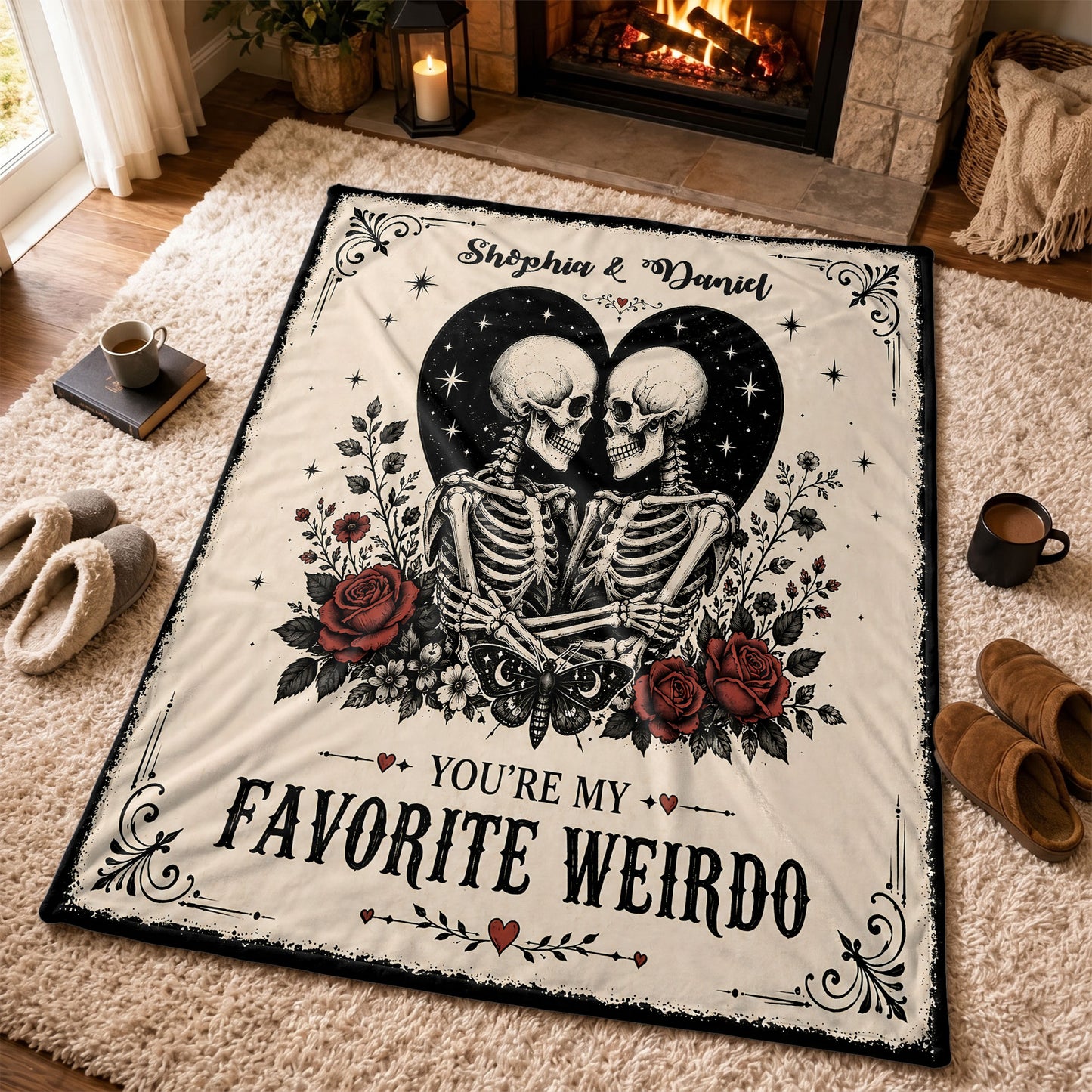 Skeleton Couple Blanket, Gothic Halloween Gift for Couples, Weird Love Design, Personalized Fleece Blanket & Sherpa Blanket