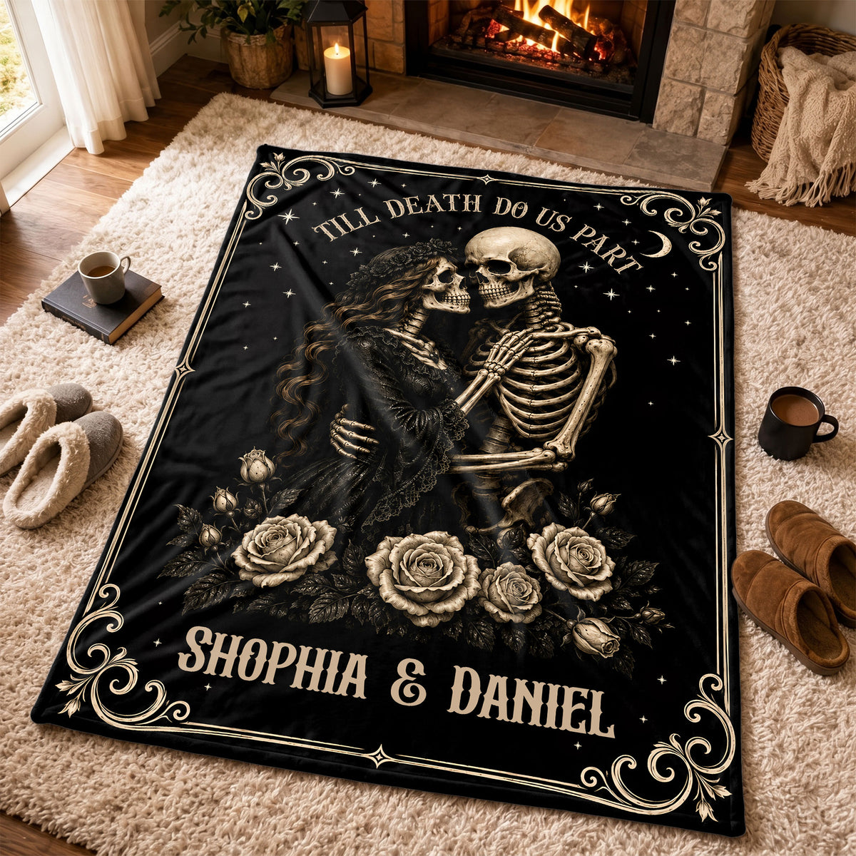 Personalized Skeleton Couple Fleece & Sherpa Blanket, Gothic Blanket with Roses, Halloween Gift for Couples